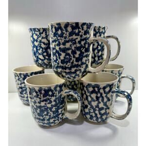 Set of 8 Folk Craft Sponge Ware Blue and White Mugs Coffee Cups by TienShan
